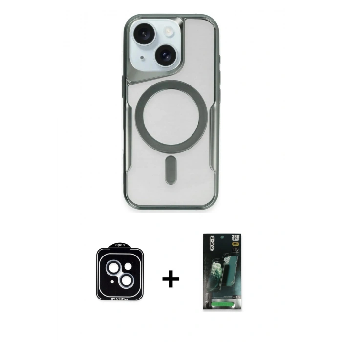 MARSİLYAN™- iPhone 14 Kılıf Yadigar Klasik Özel Seri - Şeffaf 360 Full Body Arka Koruyucu + PVD Metal Kamera Lens - MI
