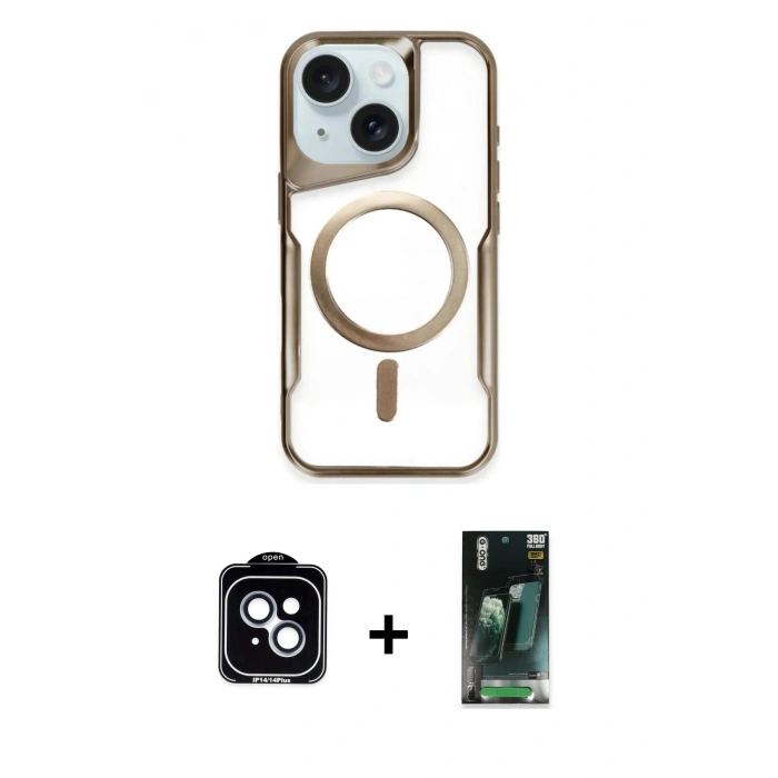 MARSİLYAN™- iPhone 14 Kılıf Yadigar Klasik Özel Seri - Şeffaf 360 Full Body Arka Koruyucu + PVD Metal Kamera Lens - MI