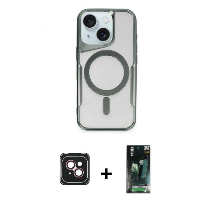 MARSİLYAN™- iPhone 14 Kılıf Yadigar Klasik Özel Seri - Şeffaf 360 Full Body Arka Koruyucu + PVD Metal Kamera Lens - PE