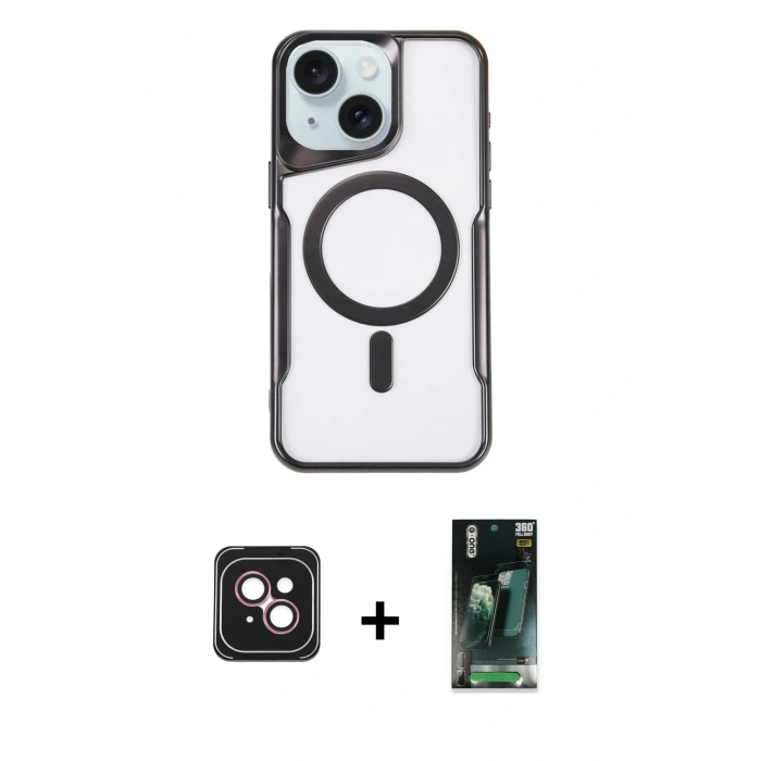 MARSİLYAN™- iPhone 14 Kılıf Yadigar Klasik Özel Seri - Şeffaf 360 Full Body Arka Koruyucu + PVD Metal Kamera Lens - PE