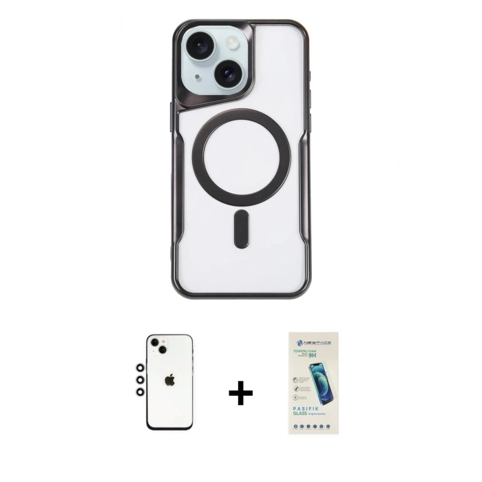 MARSİLYAN™- iPhone 14 Kılıf Yadigar Klasik Özel Seri - Şeffaf Pasifik Cam Ekran Koruyucu + Shine Kamera Lens - GS