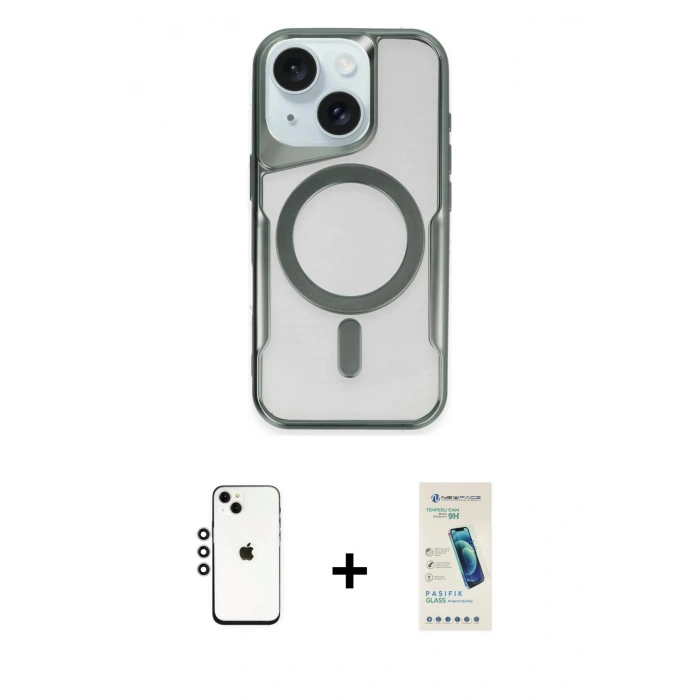 MARSİLYAN™- iPhone 14 Kılıf Yadigar Klasik Özel Seri - Şeffaf Pasifik Cam Ekran Koruyucu + Shine Kamera Lens - GS