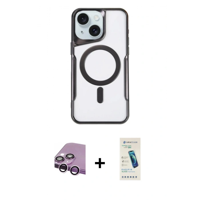 MARSİLYAN™- iPhone 14 Kılıf Yadigar Klasik Özel Seri - Şeffaf Pasifik Cam Ekran Koruyucu + Raze Metal Kamera Lens - MR