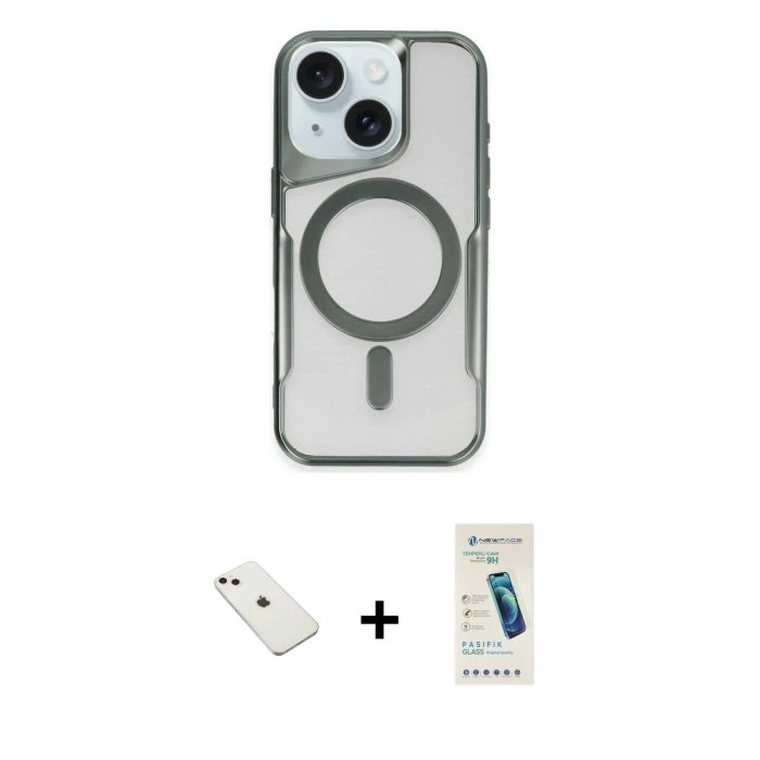 MARSİLYAN™- iPhone 14 Kılıf Yadigar Klasik Özel Seri - Şeffaf Pasifik Cam Ekran Koruyucu + Pembe Diamond Kamera Lens
