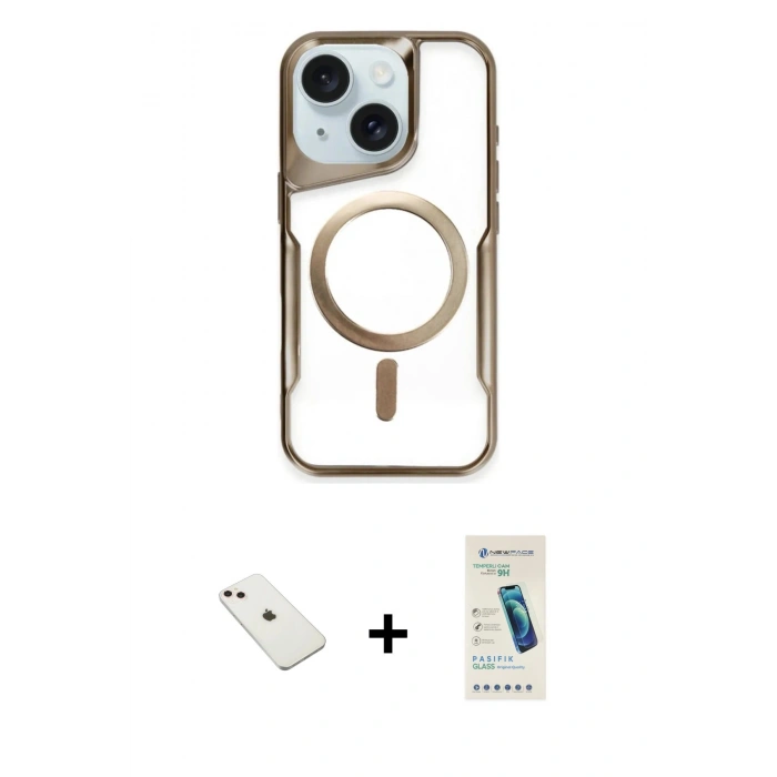 MARSİLYAN™- iPhone 14 Kılıf Yadigar Klasik Özel Seri - Şeffaf Pasifik Cam Ekran Koruyucu + Pembe Diamond Kamera Lens