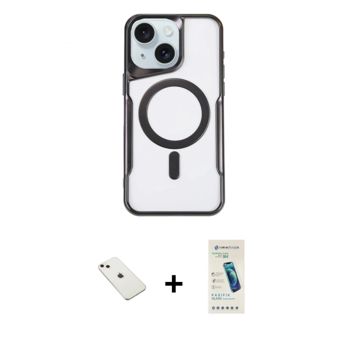 MARSİLYAN™- iPhone 14 Kılıf Yadigar Klasik Özel Seri - Şeffaf Pasifik Cam Ekran Koruyucu + Pembe Diamond Kamera Lens