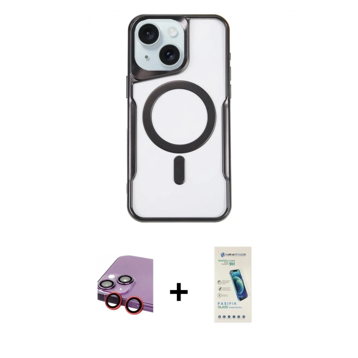 MARSİLYAN™- iPhone 14 Kılıf Yadigar Klasik Özel Seri - Şeffaf Pasifik Cam Ekran Koruyucu + Raze Metal Kamera Lens - KI