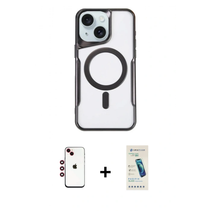 MARSİLYAN™- iPhone 14 Kılıf Yadigar Klasik Özel Seri - Şeffaf Pasifik Cam Ekran Koruyucu + Shine Kamera Lens - KI