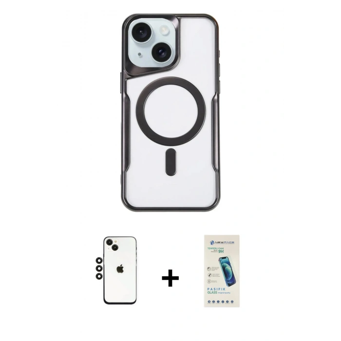 MARSİLYAN™- iPhone 14 Kılıf Yadigar Klasik Özel Seri - Şeffaf Pasifik Cam Ekran Koruyucu + Shine Kamera Lens - SH