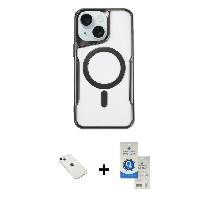 MARSİLYAN™- iPhone 14 Kılıf Yadigar Klasik Özel Seri - Şeffaf Royal Nano Ekran Koruyucu + Diamond Kamera Lens - KI