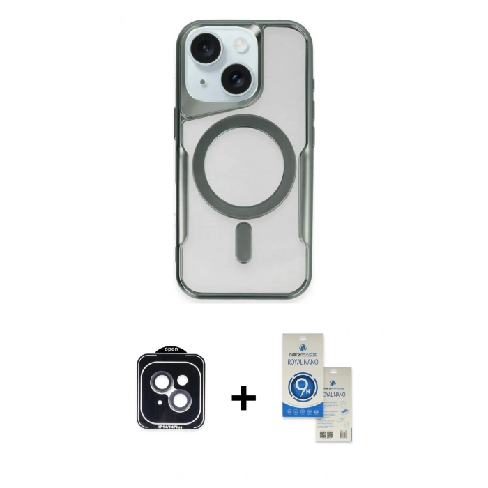 MARSİLYAN™- iPhone 14 Kılıf Yadigar Klasik Özel Seri - Şeffaf Royal Nano Ekran Koruyucu + PVD Metal Kamera Lens - SH