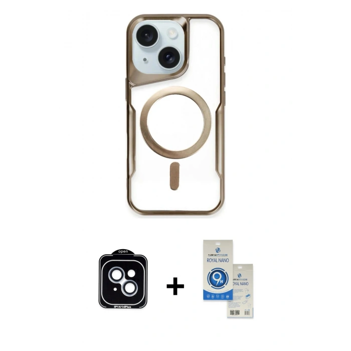 MARSİLYAN™- iPhone 14 Kılıf Yadigar Klasik Özel Seri - Şeffaf Royal Nano Ekran Koruyucu + PVD Metal Kamera Lens - MI
