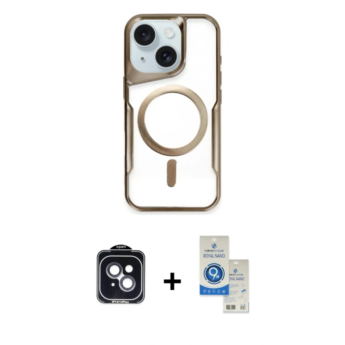 MARSİLYAN™- iPhone 14 Kılıf Yadigar Klasik Özel Seri - Şeffaf Royal Nano Ekran Koruyucu + PVD Metal Kamera Lens - SH
