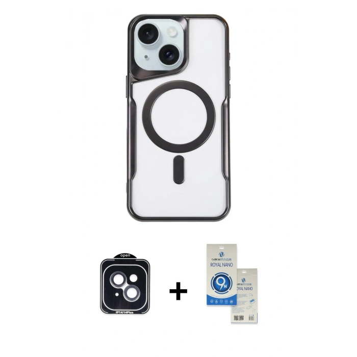 MARSİLYAN™- iPhone 14 Kılıf Yadigar Klasik Özel Seri - Şeffaf Royal Nano Ekran Koruyucu + PVD Metal Kamera Lens - SH