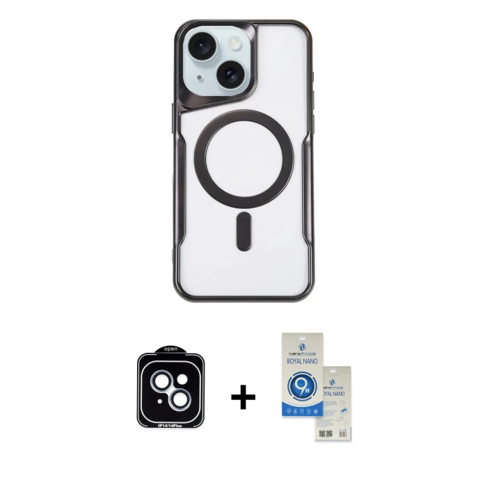 MARSİLYAN™- iPhone 14 Kılıf Yadigar Klasik Özel Seri - Şeffaf Royal Nano Ekran Koruyucu + PVD Metal Kamera Lens - MI