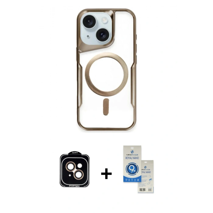 MARSİLYAN™- iPhone 14 Kılıf Yadigar Klasik Özel Seri - Şeffaf Royal Nano Ekran Koruyucu + PVD Metal Kamera Lens - TU