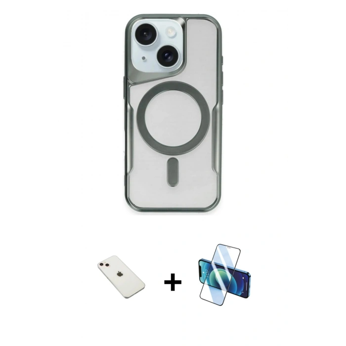MARSİLYAN™- iPhone 14 Kılıf Yadigar Klasik Özel Seri - Siyah 3D Antistatik Cam Ekran Koruyucu + Diamond Kamera Lens - PE