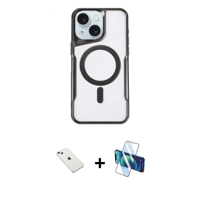 MARSİLYAN™- iPhone 14 Kılıf Yadigar Klasik Özel Seri - Siyah 3D Antistatik Cam Ekran Koruyucu + Diamond Kamera Lens - PE