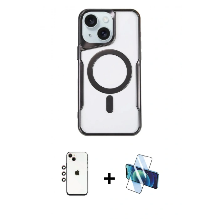 MARSİLYAN™- iPhone 14 Kılıf Yadigar Klasik Özel Seri - Siyah 3D Antistatik Cam Ekran Koruyucu + Shine Kamera Lens - GI