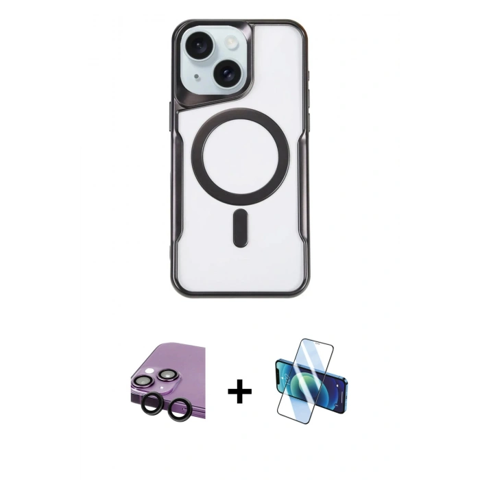MARSİLYAN™- iPhone 14 Kılıf Yadigar Klasik Özel Seri - Siyah 3D Antistatik Cam Ekran Koruyucu + Raze Metal Kamera Lens - SH