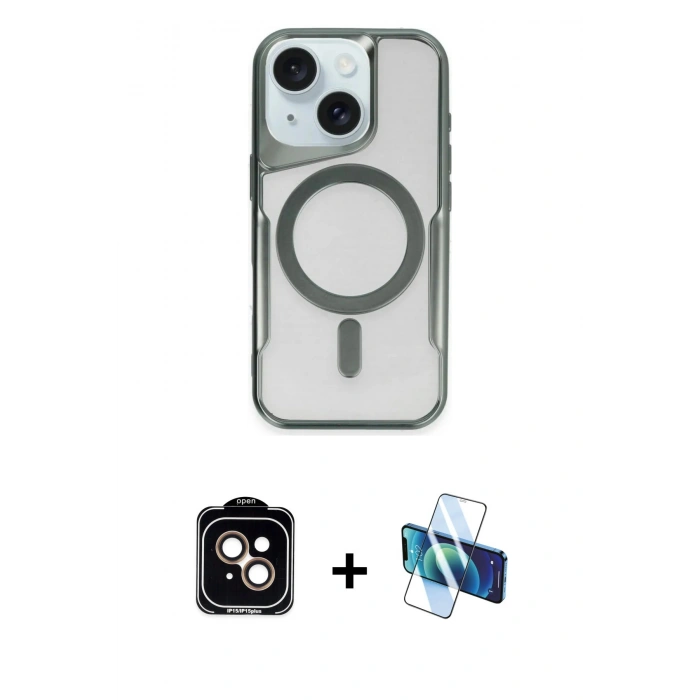 MARSİLYAN™- iPhone 14 Kılıf Yadigar Klasik Özel Seri - Siyah 3D Antistatik Cam Ekran Koruyucu + Turuncu PVD Metal Kamera Lens