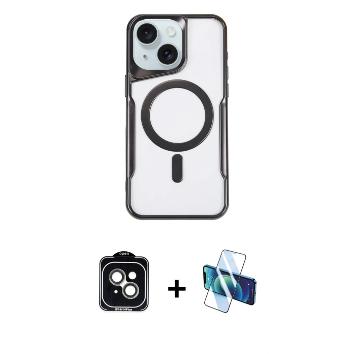 MARSİLYAN™- iPhone 14 Kılıf Yadigar Klasik Özel Seri - Siyah 3D Antistatik Cam Ekran Koruyucu + PVD Metal Kamera Lens - YL