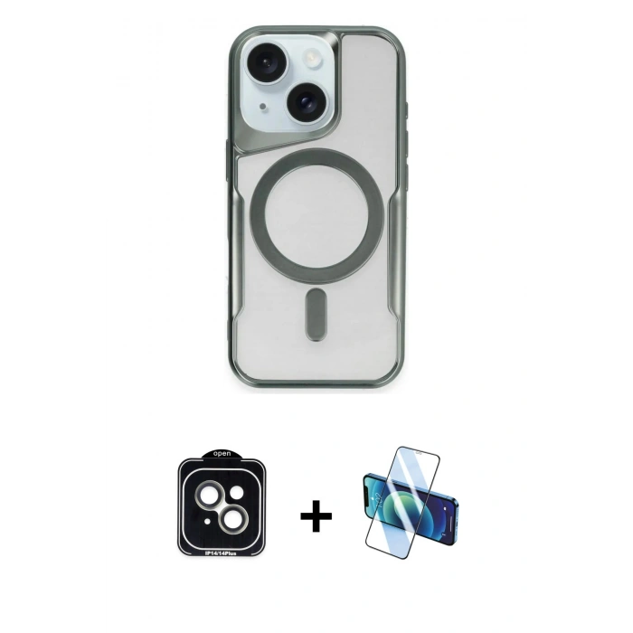 MARSİLYAN™- iPhone 14 Kılıf Yadigar Klasik Özel Seri - Siyah 3D Antistatik Cam Ekran Koruyucu + PVD Metal Kamera Lens - YL