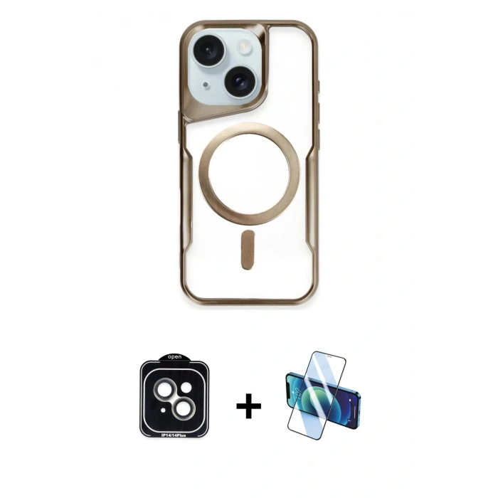MARSİLYAN™- iPhone 14 Kılıf Yadigar Klasik Özel Seri - Siyah 3D Antistatik Cam Ekran Koruyucu + PVD Metal Kamera Lens - YL