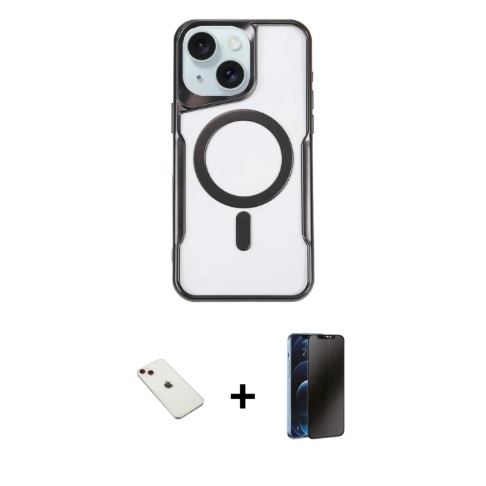 MARSİLYAN™- iPhone 14 Kılıf Yadigar Klasik Özel Seri - Siyah 3D Antistatik Hayalet Cam Ekran Koruyucu + Diamond Kamera Lens - KI
