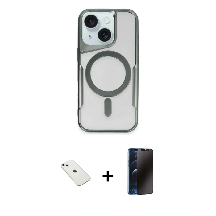 MARSİLYAN™- iPhone 14 Kılıf Yadigar Klasik Özel Seri - Siyah 3D Antistatik Hayalet Cam Ekran Koruyucu + Diamond Kamera Lens - SABE