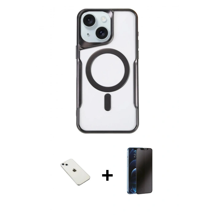 MARSİLYAN™- iPhone 14 Kılıf Yadigar Klasik Özel Seri - Siyah 3D Antistatik Hayalet Cam Ekran Koruyucu + Diamond Kamera Lens - SABE
