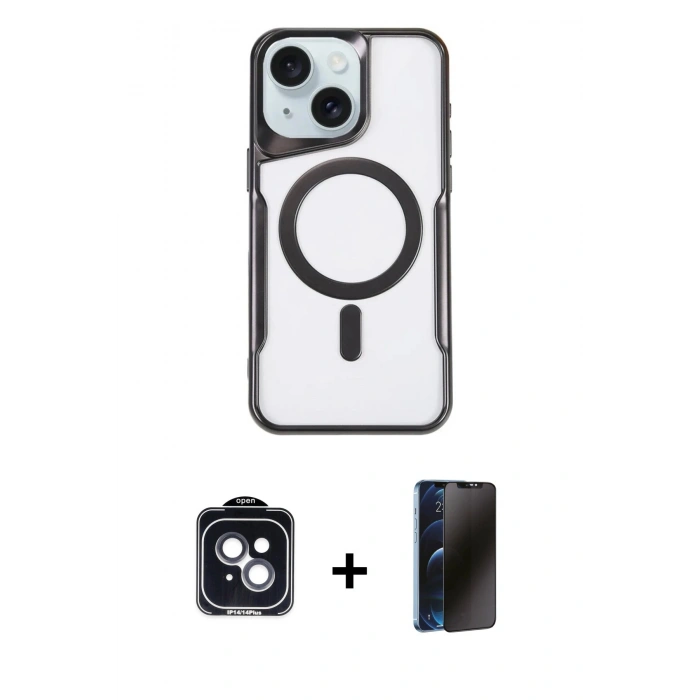 MARSİLYAN™- iPhone 14 Kılıf Yadigar Klasik Özel Seri - Siyah 3D Antistatik Hayalet Cam Ekran Koruyucu + PVD Metal Kamera Lens - SH