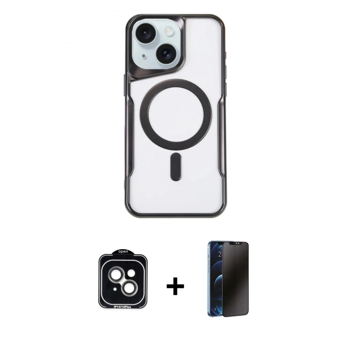 MARSİLYAN™- iPhone 14 Kılıf Yadigar Klasik Özel Seri - Siyah 3D Antistatik Hayalet Cam Ekran Koruyucu + PVD Metal Kamera Lens - YL