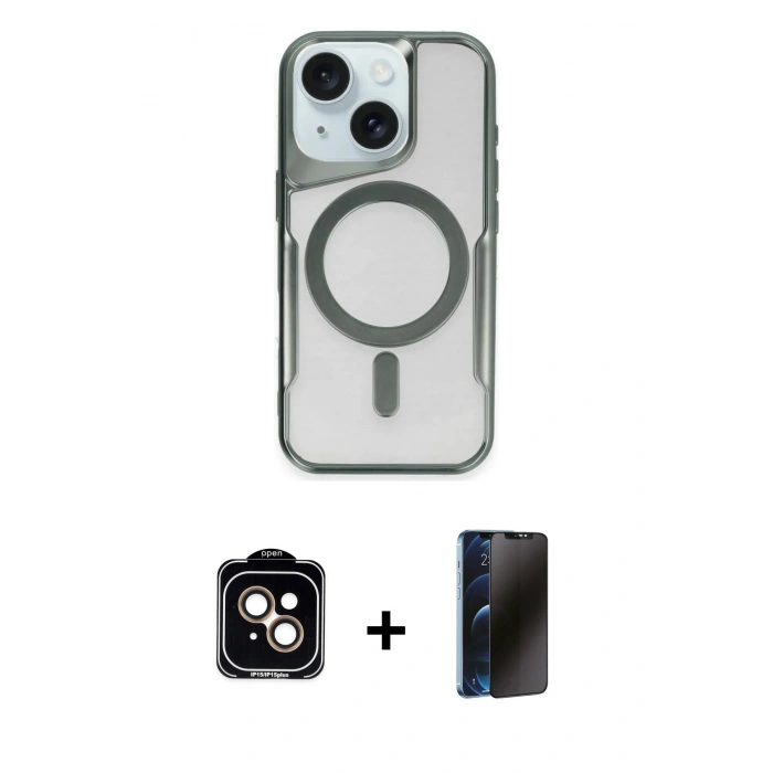 MARSİLYAN™- iPhone 14 Kılıf Yadigar Klasik Özel Seri - Siyah 3D Antistatik Hayalet Cam Ekran Koruyucu + PVD Metal Kamera Lens - TU