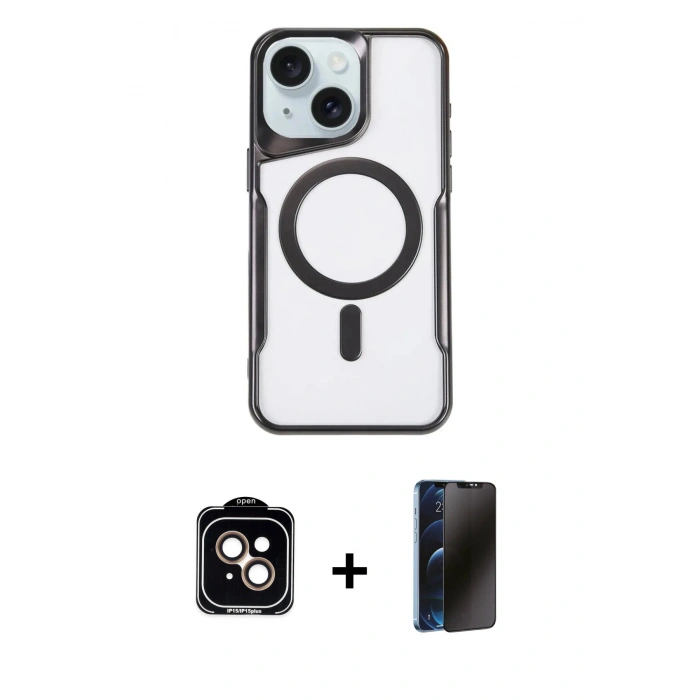MARSİLYAN™- iPhone 14 Kılıf Yadigar Klasik Özel Seri - Siyah 3D Antistatik Hayalet Cam Ekran Koruyucu + PVD Metal Kamera Lens - TU