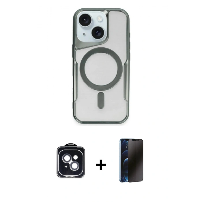 MARSİLYAN™- iPhone 14 Kılıf Yadigar Klasik Özel Seri - Siyah 3D Antistatik Hayalet Cam Ekran Koruyucu + PVD Metal Kamera Lens - SH