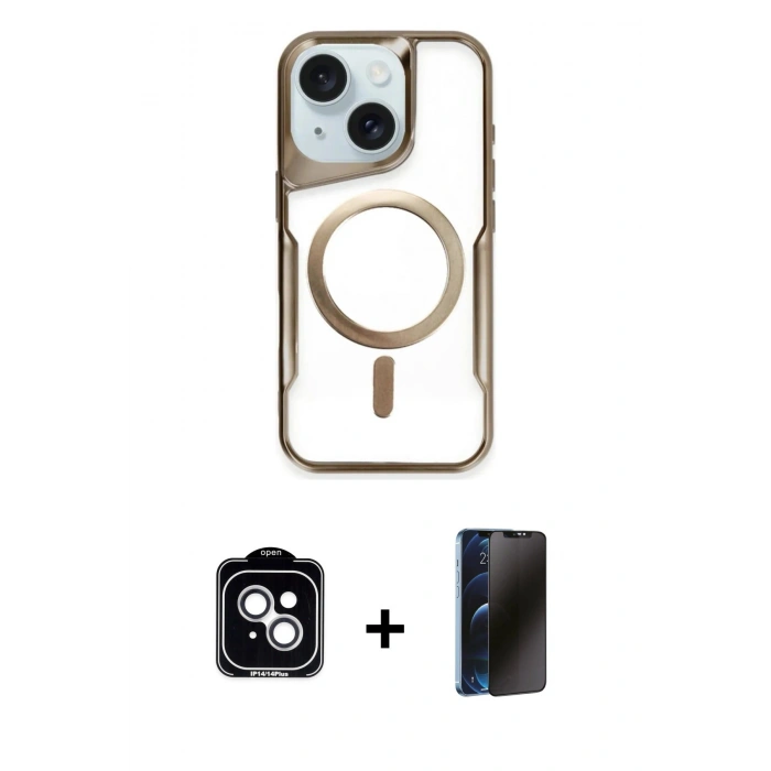 MARSİLYAN™- iPhone 14 Kılıf Yadigar Klasik Özel Seri - Siyah 3D Antistatik Hayalet Cam Ekran Koruyucu + PVD Metal Kamera Lens - GS