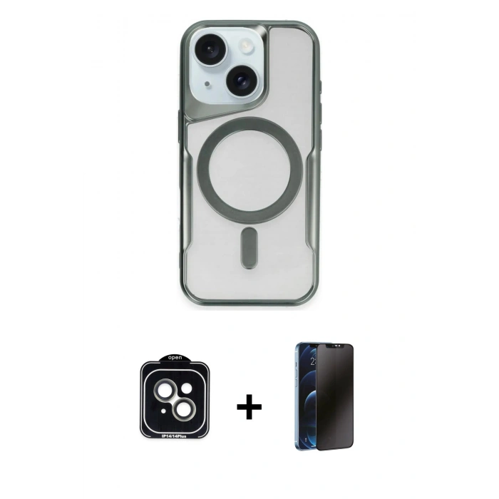 MARSİLYAN™- iPhone 14 Kılıf Yadigar Klasik Özel Seri - Siyah 3D Antistatik Hayalet Cam Ekran Koruyucu + PVD Metal Kamera Lens - YL