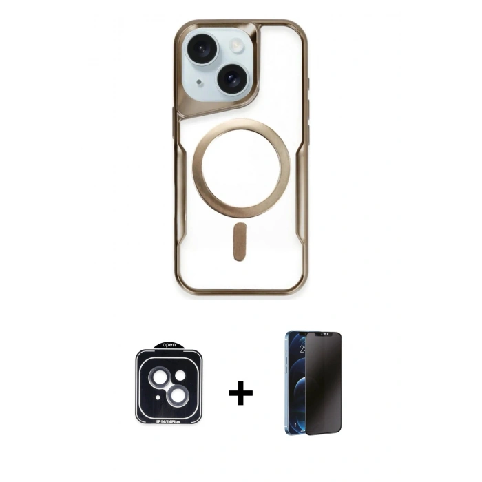MARSİLYAN™- iPhone 14 Kılıf Yadigar Klasik Özel Seri - Siyah 3D Antistatik Hayalet Cam Ekran Koruyucu + PVD Metal Kamera Lens - SH