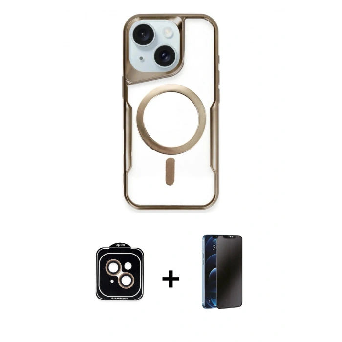 MARSİLYAN™- iPhone 14 Kılıf Yadigar Klasik Özel Seri - Siyah 3D Antistatik Hayalet Cam Ekran Koruyucu + PVD Metal Kamera Lens - TU