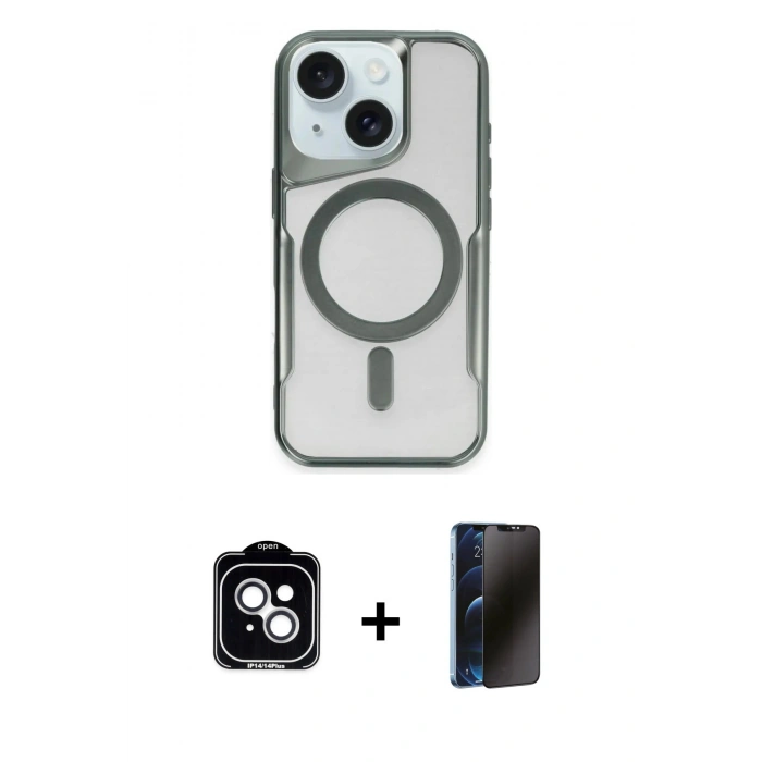 MARSİLYAN™- iPhone 14 Kılıf Yadigar Klasik Özel Seri - Siyah 3D Antistatik Hayalet Cam Ekran Koruyucu + PVD Metal Kamera Lens - GS