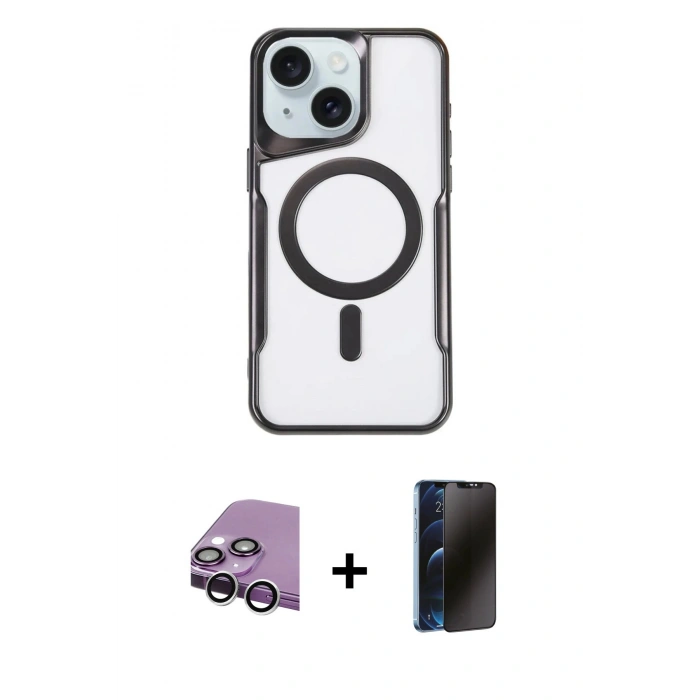MARSİLYAN™- iPhone 14 Kılıf Yadigar Klasik Özel Seri - Siyah 3D Antistatik Hayalet Cam Ekran Koruyucu + Raze Metal Kamera Lens - GS