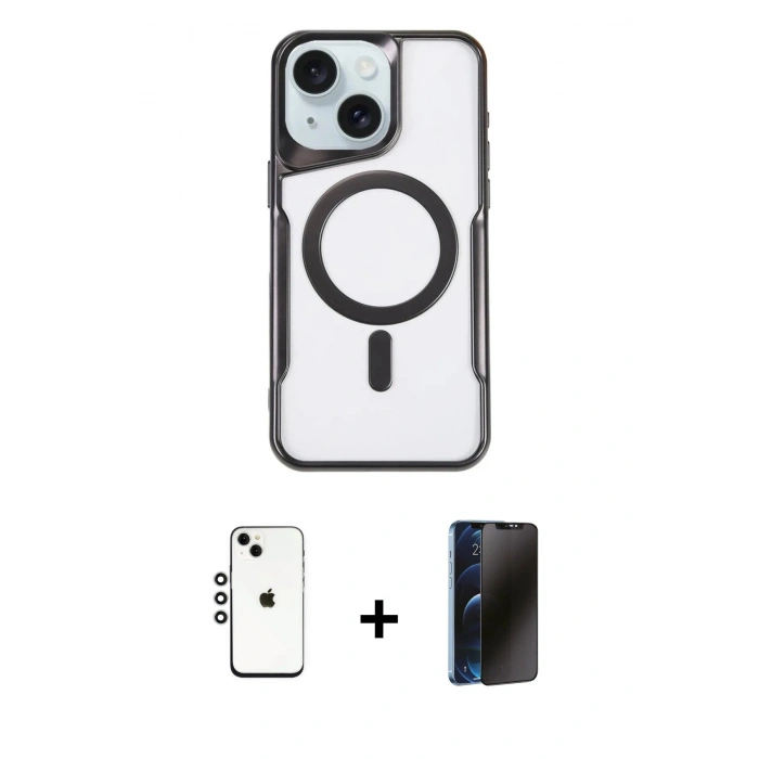 MARSİLYAN™- iPhone 14 Kılıf Yadigar Klasik Özel Seri - Siyah 3D Antistatik Hayalet Cam Ekran Koruyucu + Shine Kamera Lens - GS