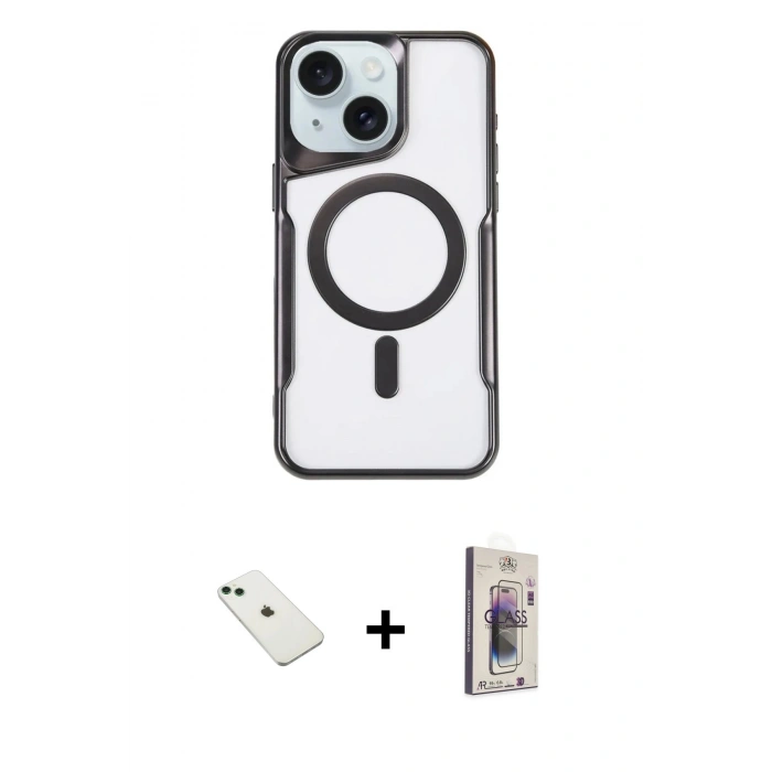 MARSİLYAN™- iPhone 14 Kılıf Yadigar Klasik Özel Seri - Siyah Bilvis 3D Cam Ekran Koruyucu + Diamond Kamera Lens - YL