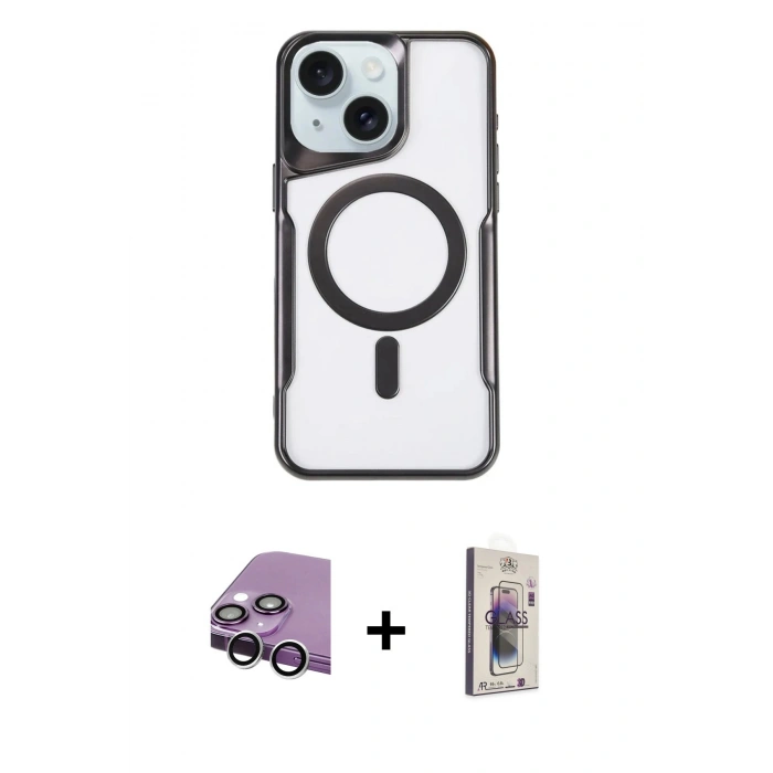 MARSİLYAN™- iPhone 14 Kılıf Yadigar Klasik Özel Seri - Siyah Bilvis 3D Cam Ekran Koruyucu + Raze Metal Kamera Lens - GS