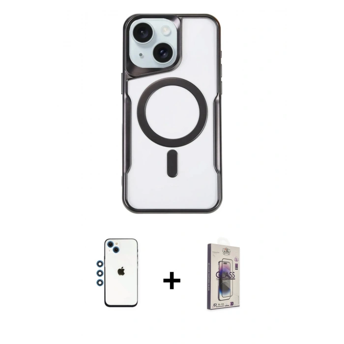 MARSİLYAN™- iPhone 14 Kılıf Yadigar Klasik Özel Seri - Siyah Bilvis 3D Cam Ekran Koruyucu + Shine Kamera Lens - MI