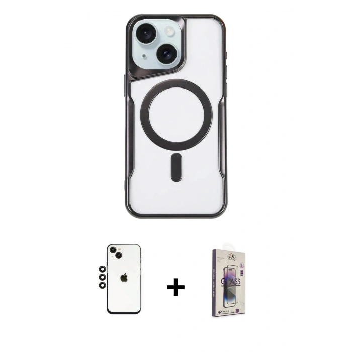 MARSİLYAN™- iPhone 14 Kılıf Yadigar Klasik Özel Seri - Siyah Bilvis 3D Cam Ekran Koruyucu + Shine Kamera Lens - SH