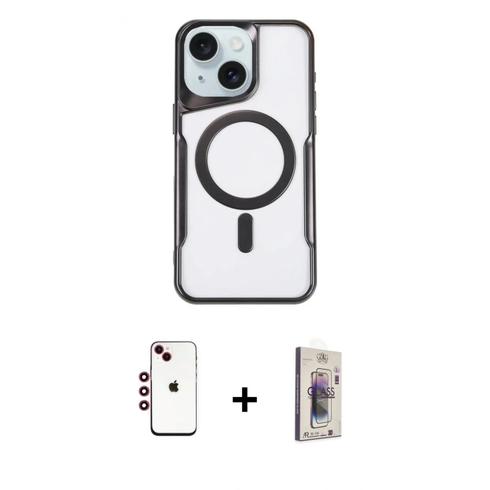 MARSİLYAN™- iPhone 14 Kılıf Yadigar Klasik Özel Seri - Siyah Bilvis 3D Cam Ekran Koruyucu + Shine Kamera Lens - KI