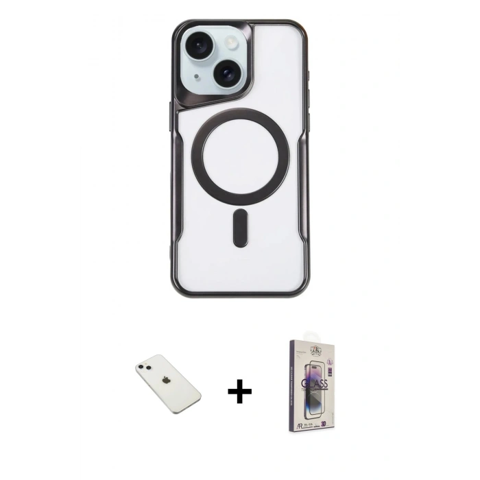 MARSİLYAN™- iPhone 14 Kılıf Yadigar Klasik Özel Seri - Siyah Bilvis 3D Cam Ekran Koruyucu + Sierra Blue Diamond Kamera Lens