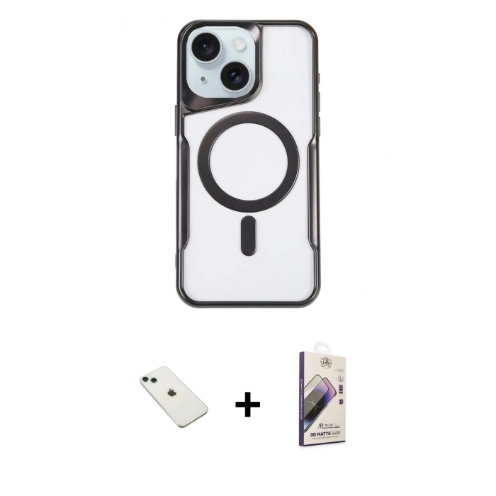 MARSİLYAN™- iPhone 14 Kılıf Yadigar Klasik Özel Seri - Siyah Bilvis 3D Mat Cam Ekran Koruyucu + Diamond Kamera Lens - YL